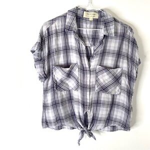 Cloth & Stone Lavender Grey Plaid Tie Front Dolman Sleeve Button Shirt Collared